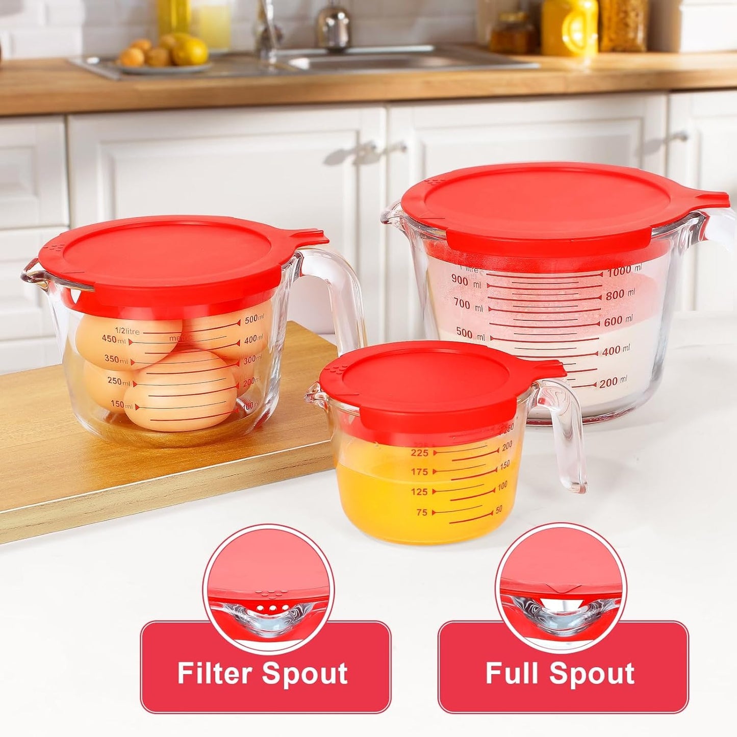 TAIMASI 9 Pcs Glass Measuring Cups Set with Lids, 4-Cup, 2-Cup, 1-Cup, 5 oz Liquid Measuring Cups & 5 Measuring Spoons | Microwave, Freezer & Dishwasher Safe