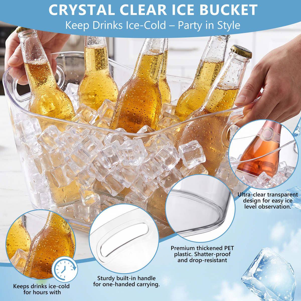 12L Plastic Ice Bucket for Parties with Scoop, TAIMASI 2 Packs BPA Free Large Capacity Drop-Resistant Beverage Tub for Wine, Beer, Juice, Portable Cooler for Outdoor Cocktail Mimosa & Soda Bar