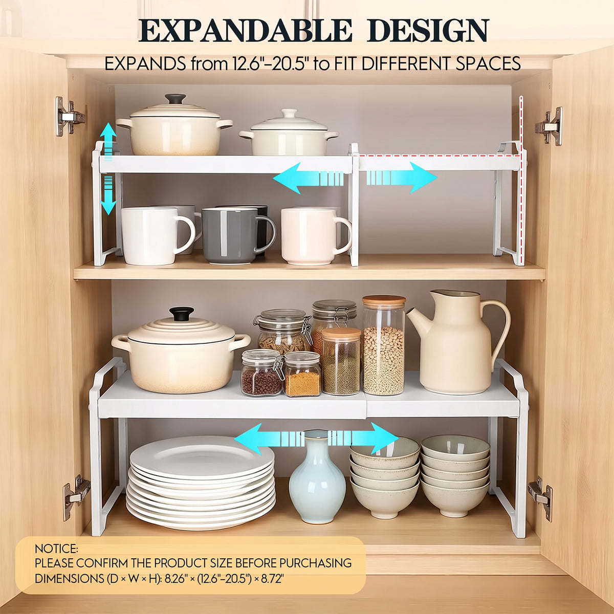 2 Pack Expandable Cabinet Organizer Shelves, Stackable Kitchen Countertop and Pantry Storage, Adjustable Cupboard Shelf Rack, Length 20.5"