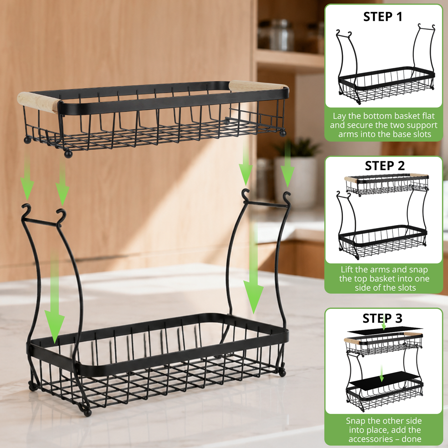 2 Tier Large Fruit Basket for Kitchen Counter with 2 Mobile Banana Hangers, TAIMASI Detachable Metal Fruit Bowl with Wooden Handle, Fruit Holder for Bread Snack Veggies with Protective Mats