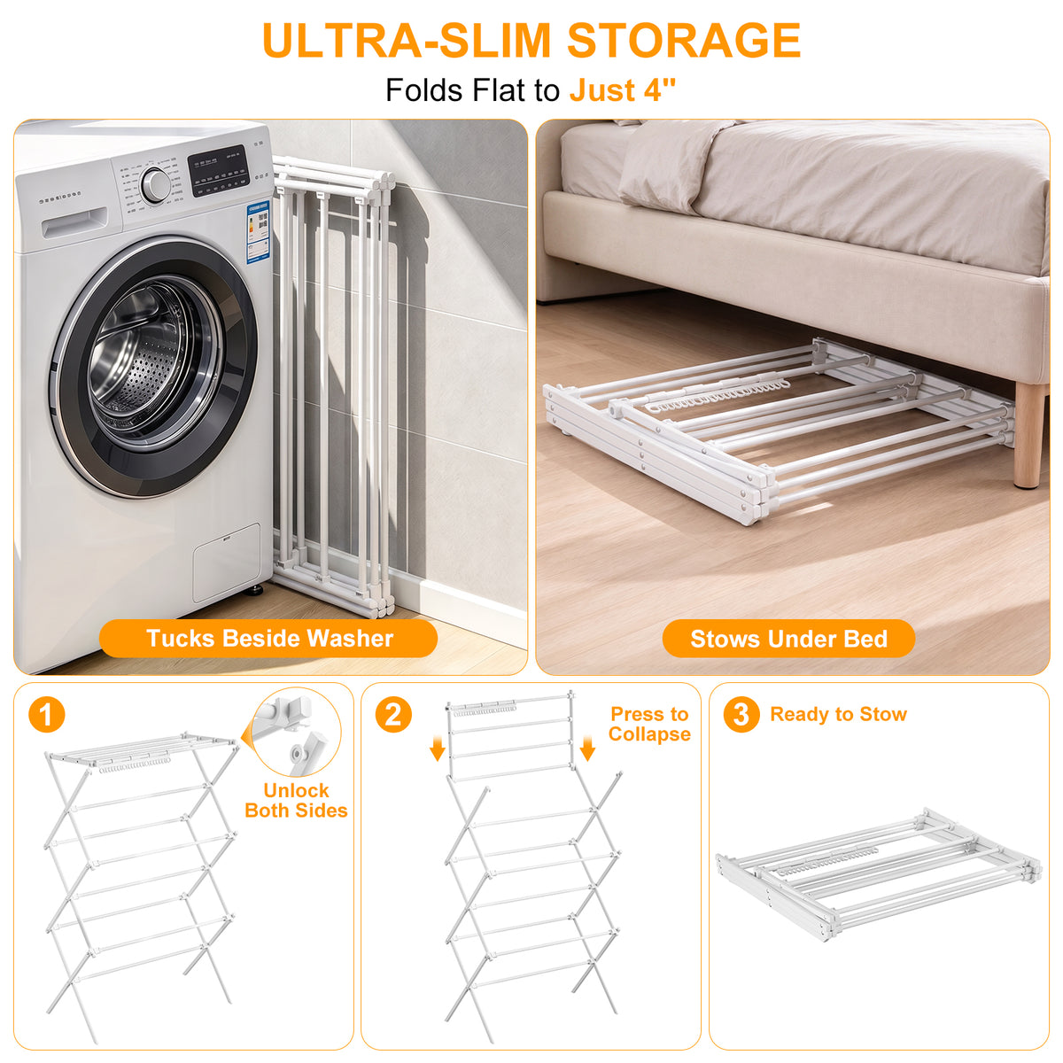 3-Tier Foldable Clothes Drying Rack, Portable Metal Drying Rack Clothing, Collapsible Laundry Drying Rack, Antirust Clothing Rack for Indoor Outdoor Air Drying, 13.4" D x 28.7" W x 45.7" H, White