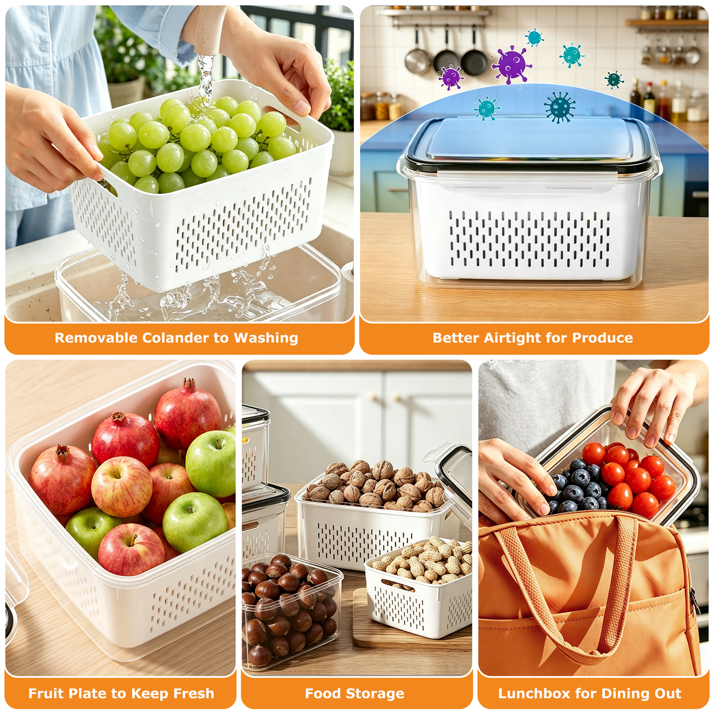 6 Pack Fruit Storage Containers for Fridge with Removable Colanders and Lids, 6 in 1 Leakproof Fridge Organizer Bins for Salad Berry Lettuce Vegetables Meat Keeper Fresh