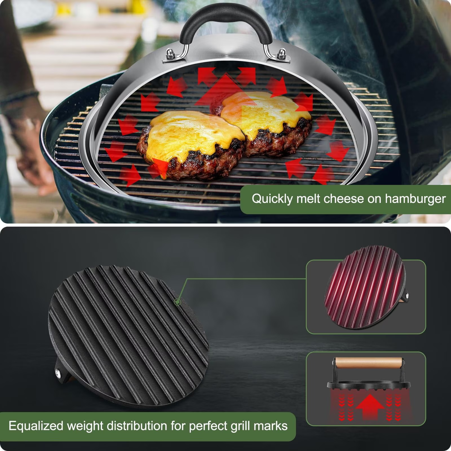Mibote Griddle Accessories, 5 Piece Smash Burger Kit, 7" Cast Iron Press & 12.5" Steel Dome for Blackstone, Spatula & Patty Paper