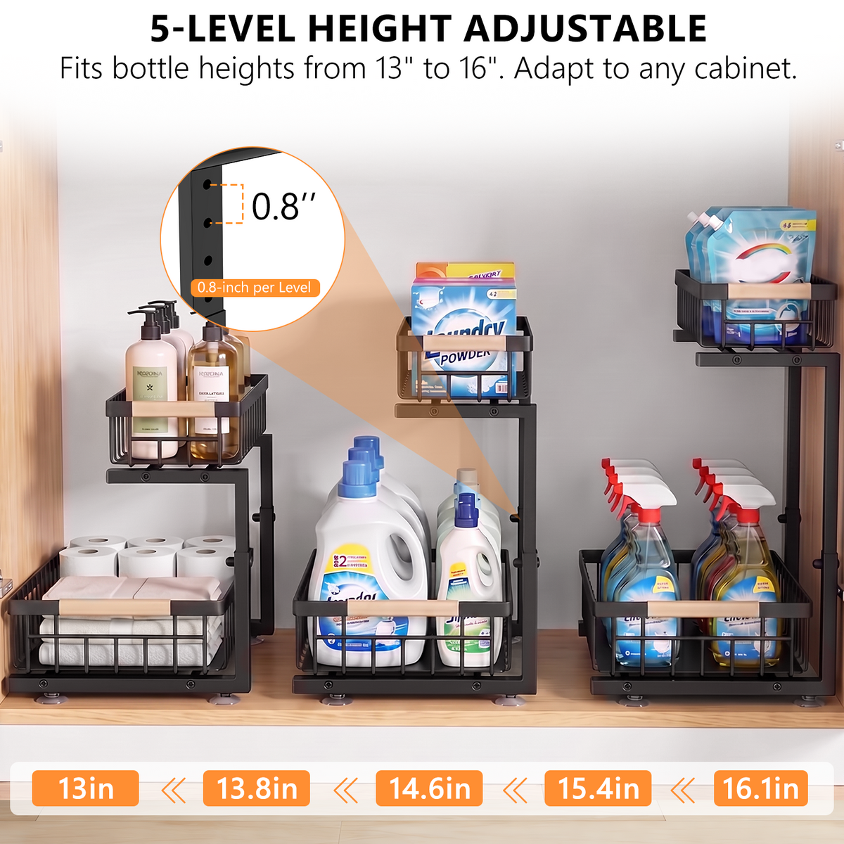 TAIMASI 1 Pack Under Sink Organizers and Storage, 2-Tier Pull Out Cabinet Organizer with Sliding Drawer, Adjustable Height Metal Bathroom Sink Organizer for Kitchen Pantry Closet, Black