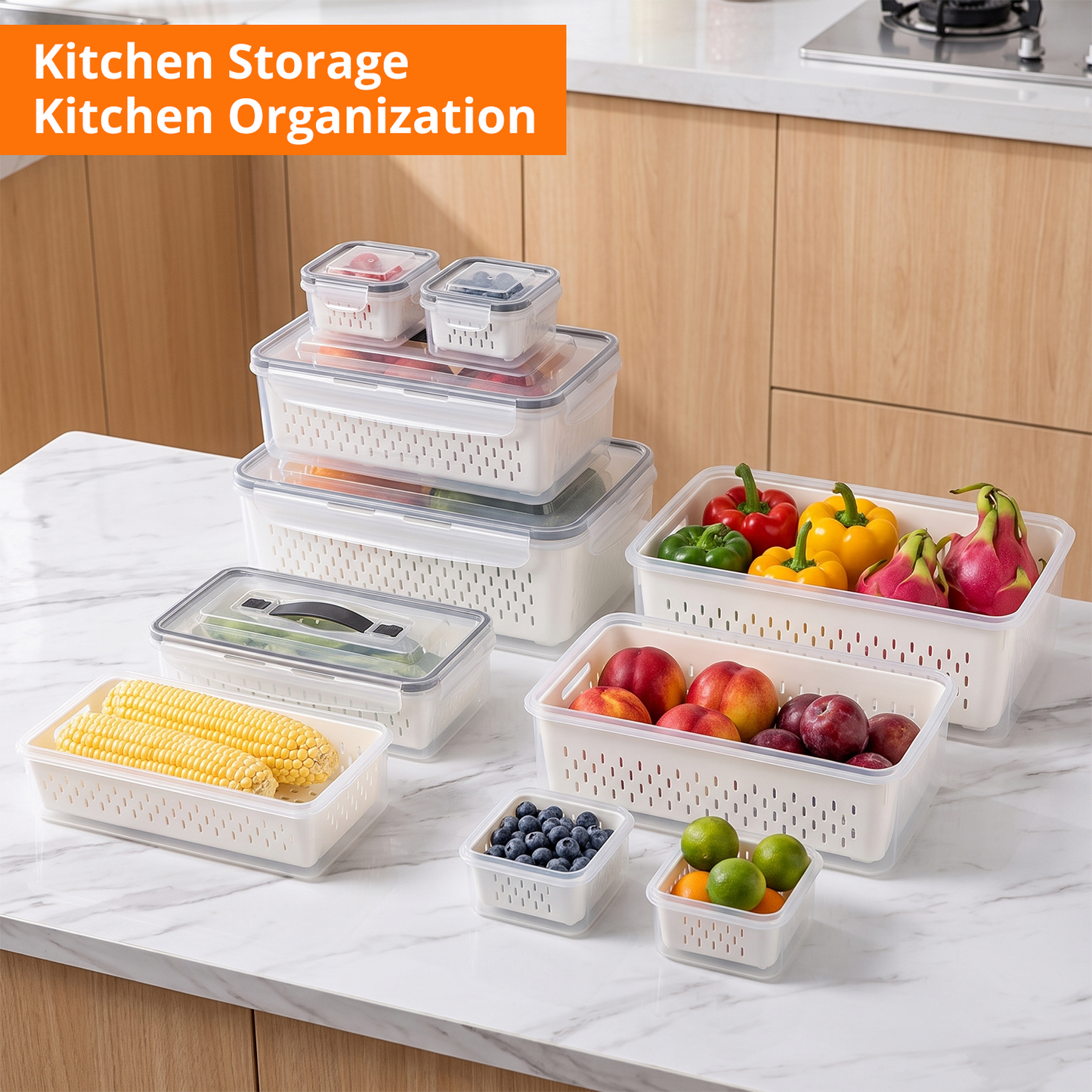 10 Pack Fruit Storage Containers for Fridge with Removable Colander & Handle Lid, Refrigerator Organizers and Storage, 10-in-1 Leakproof Organizer for Salad, Berries, Vegetables & Meat.