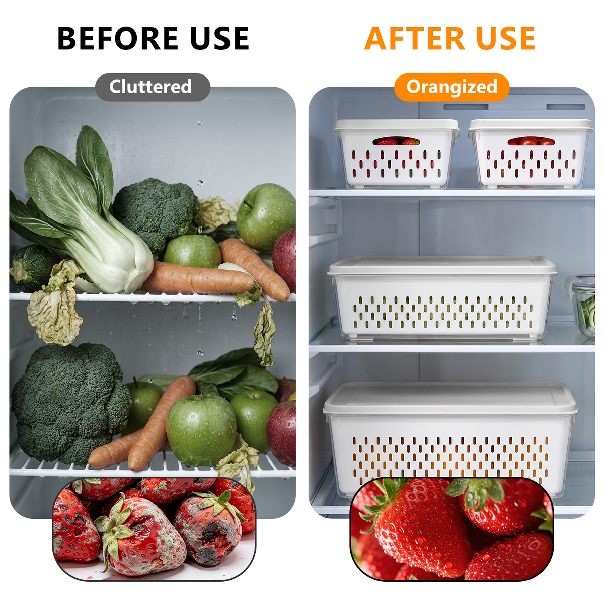 Wynra 4 Pack Fruit Storage Container for Fridge with Airtight Lids & Removable Colander, BPA-Free Plastic Fridge Organizer Bins Produce Saver for Salad Berry Vegetables Meat Keeper Fresh