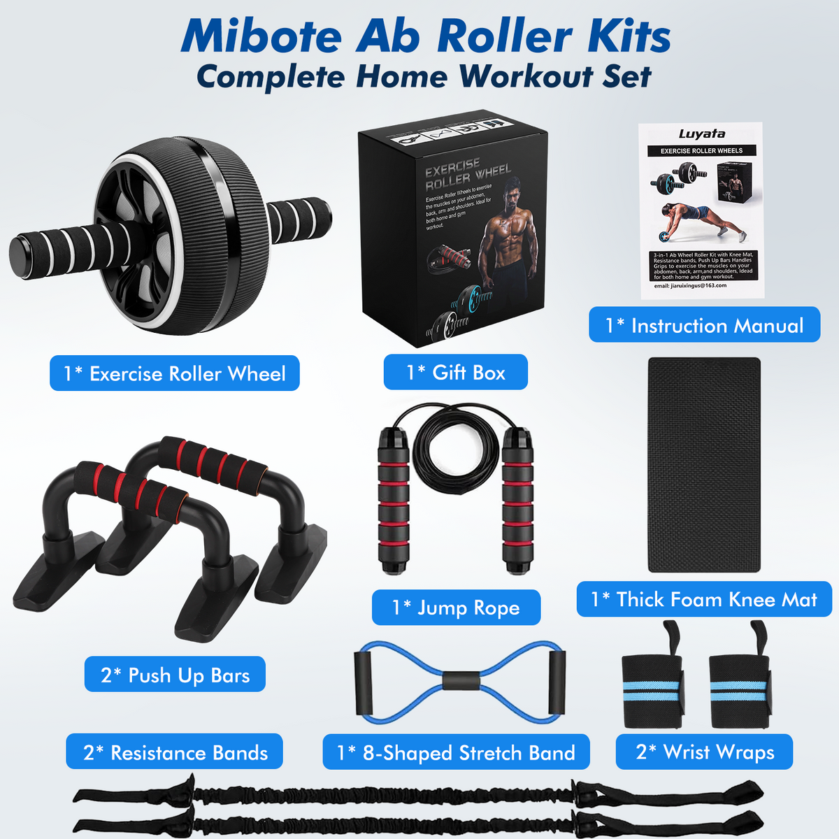 Mibote Ab Roller Wheel, 10-in-1 Abdominal Exercise Kit with Knee Pad and Push up Bars, Core Workout Equipment for Home Gym