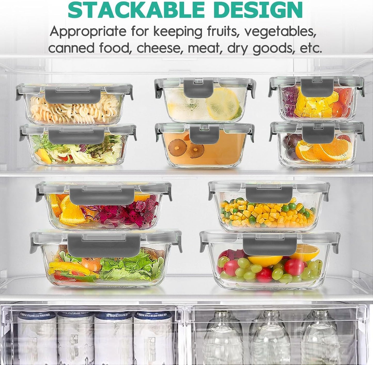AMALEKO 34pcs Glass Food Storage Containers with Lids Set, Airtight Glass Meal Prep Containers (17 Containers & 17 Lids), Leak Proof Lunch Container BPA-Free, Microwave, Oven, Freezer, Dishwasher Safe-Grey