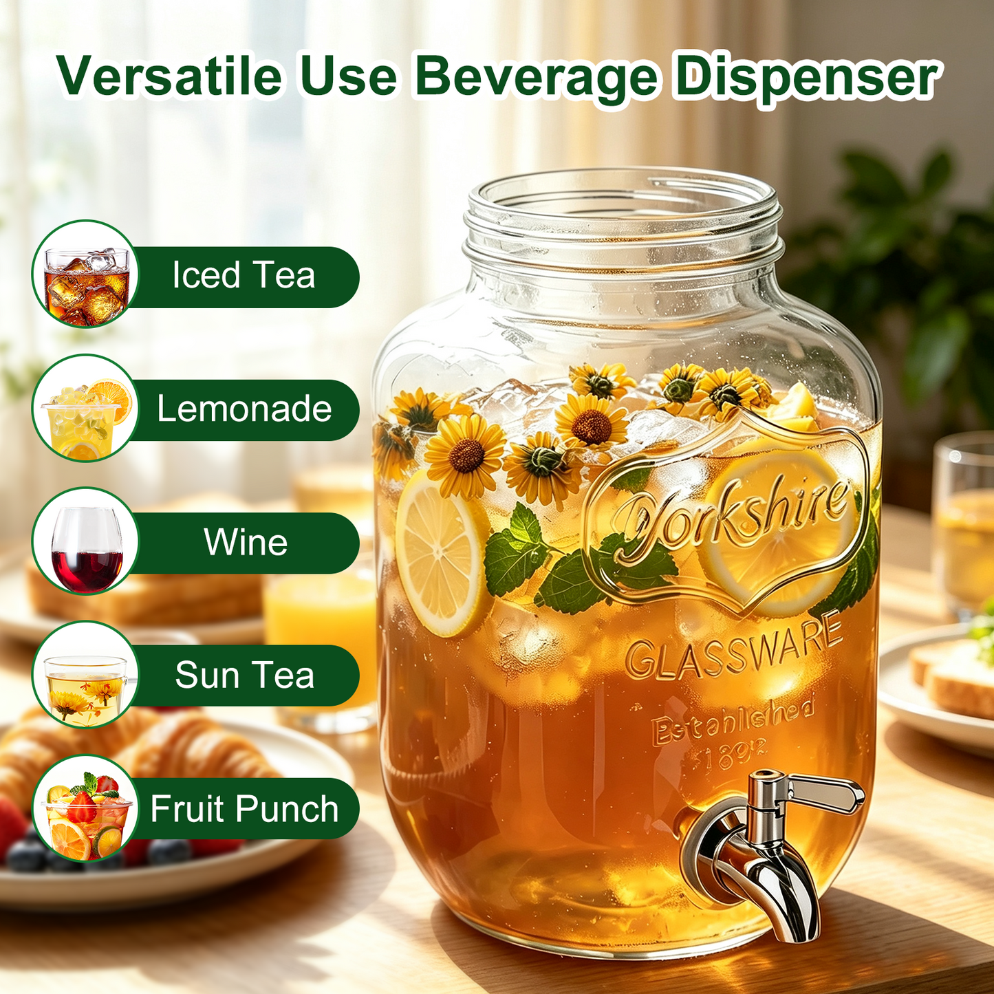 1 Gallon Glass Drink Dispensers for Parties, TAIMASI Beverage Dispenser with Stand & Ice Cylinder, Leakproof Lemonade Drink Dispenser for Sun Tea, Homemade Juice