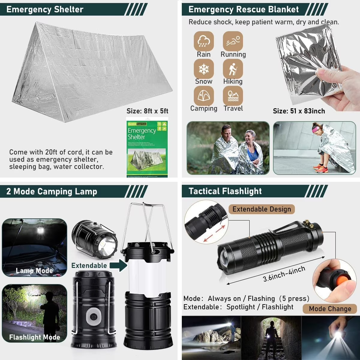 Survival Kit 260Pcs Survival Gear and Supplies for Camping Hiking Hunting Outdoor Adventure Professional Emergency Kit