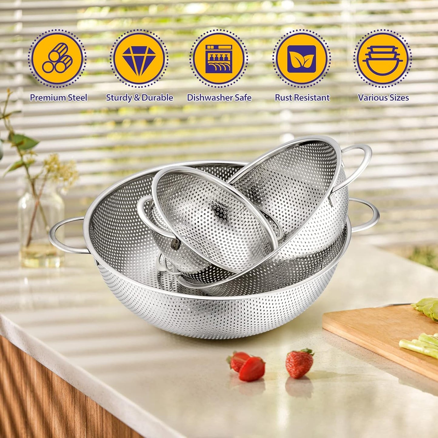 Colander Set of 3, AOKIWO Stainless Steel Micro-Perforated Colanders Strainers for Draining Rinsing Washing, Ideal for Pasta Vegetables Fruits, Heavy Duty & Dishwasher Safe - 1/3/5 Quart