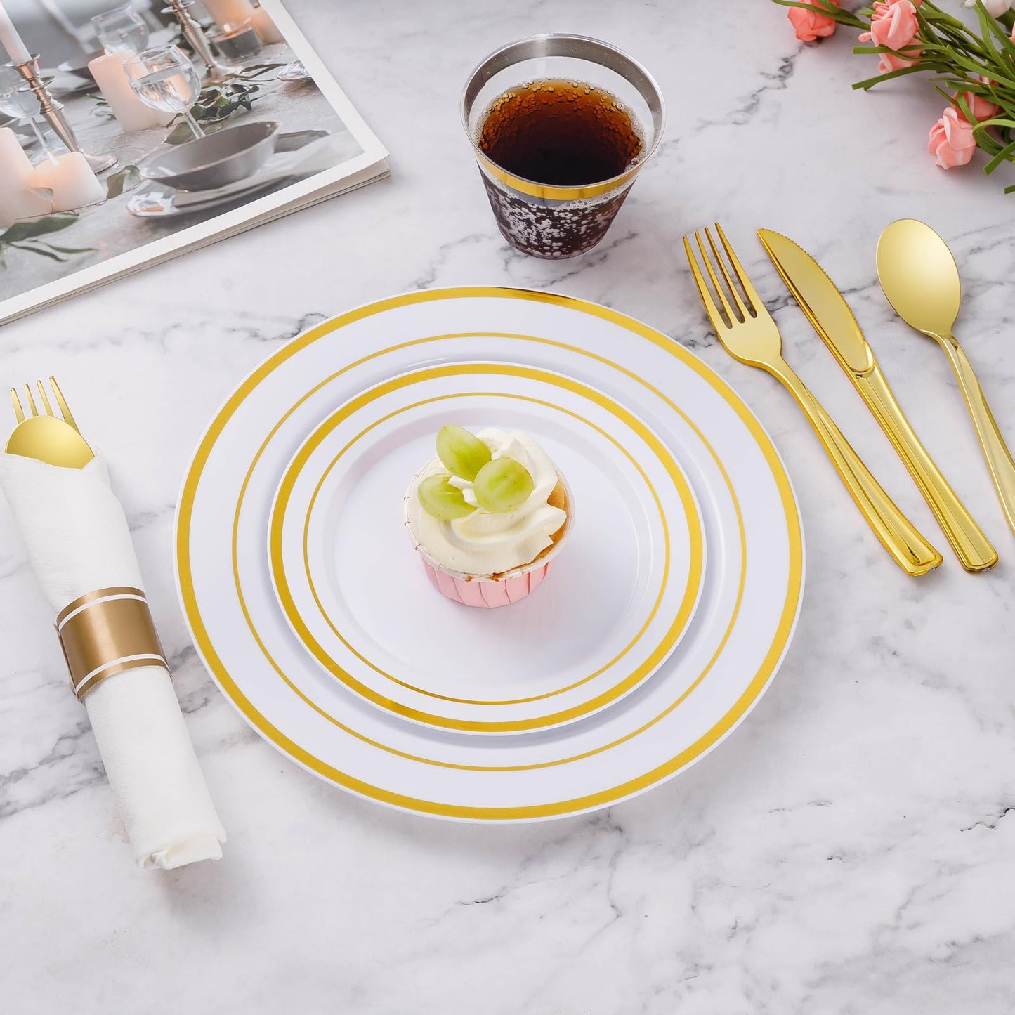 350 Piece Gold Dinnerware Set for 50 Guests, Plastic Plates Disposable for Party, Include: 50 Gold Rim Dinner Plates, 50 Dessert Plates, 50 Paper Napkins, 50 Cups, 50 Gold Silverware Set