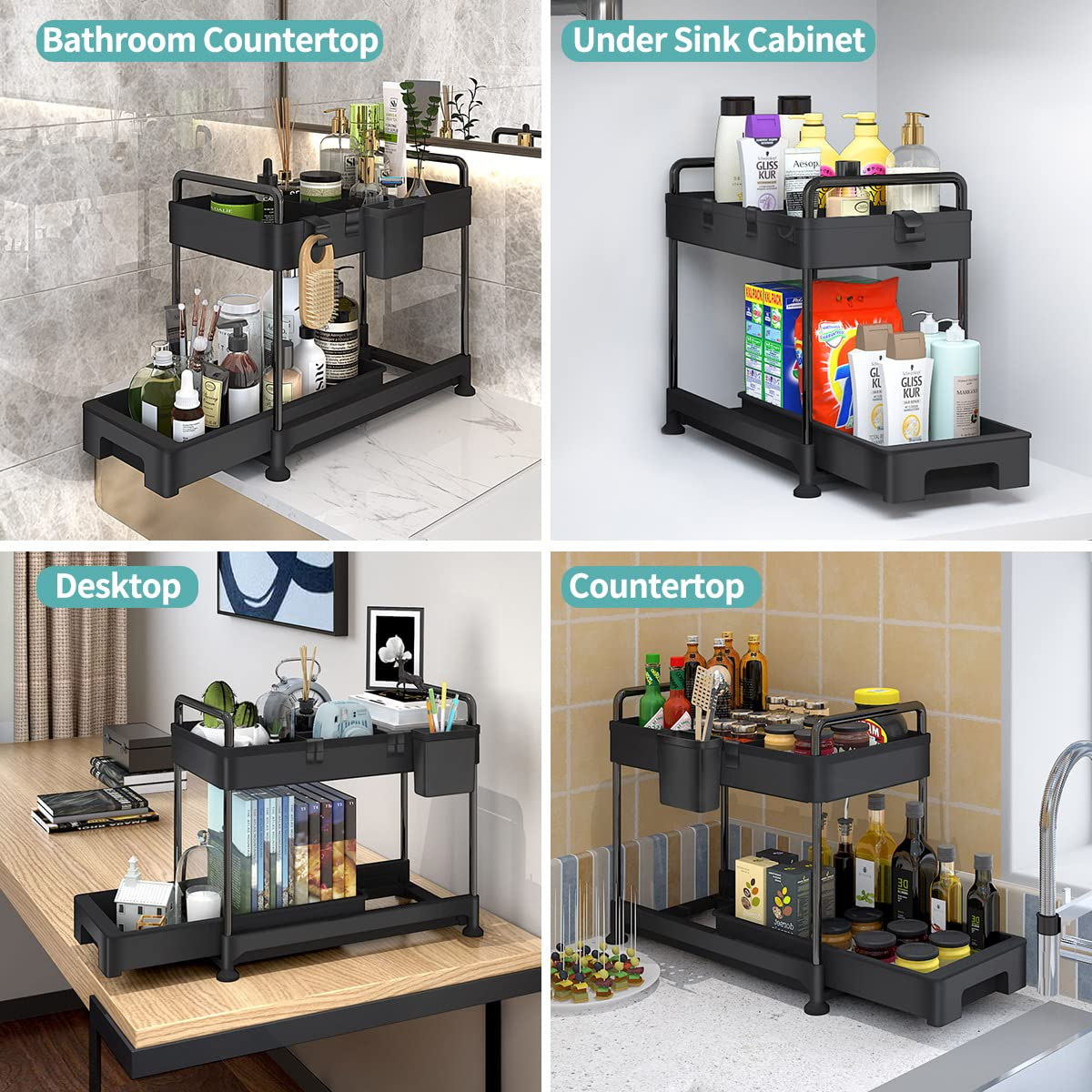 Under Sink Organizer, 2 Pack Bathroom Cabinet Organizer, 2 Tier Sliding Cabinet Basket Organizer Drawer, Multi-Purpose Bath Collection Baskets for Bathroom