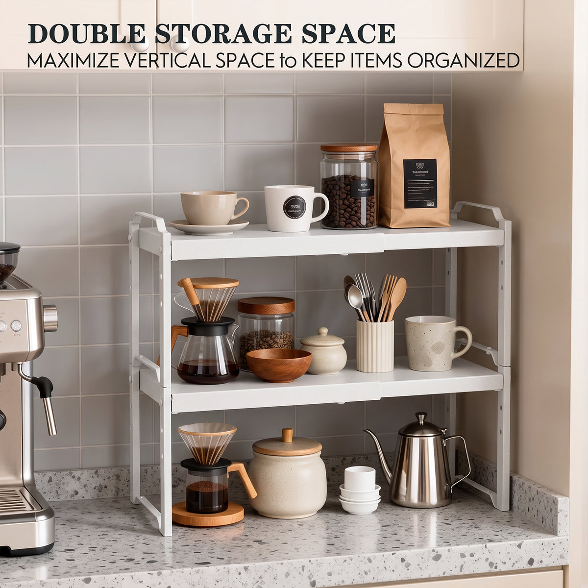 2 Pack Expandable Cabinet Organizer Shelves, Stackable Kitchen Countertop and Pantry Storage, Adjustable Cupboard Shelf Rack, Length 20.5"