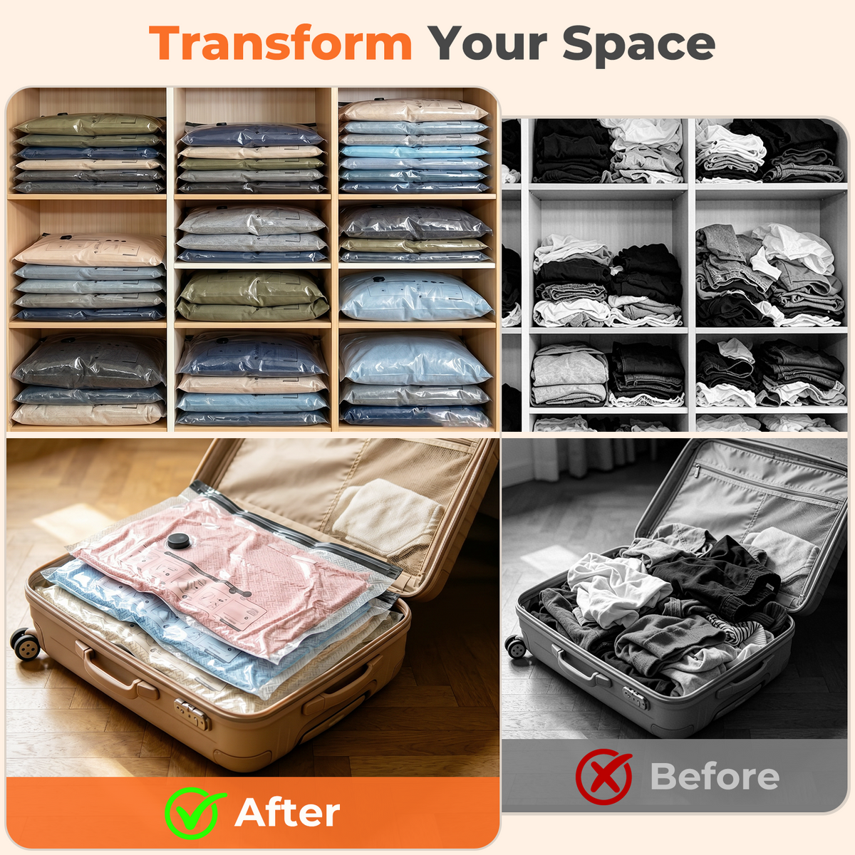 Mibote Vacuum Bags for Travel with Rechargeable Pump, 15 Combo Space Saver Compression Packing Seal Storage for Clothes Luggage