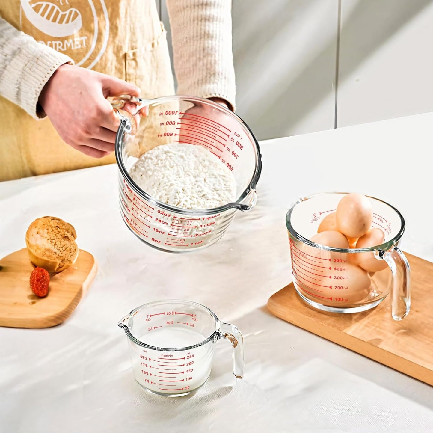 TAIMASI 9 Pcs Glass Measuring Cups Set with Lids, 4-Cup, 2-Cup, 1-Cup, 5 oz Liquid Measuring Cups & 5 Measuring Spoons | Microwave, Freezer & Dishwasher Safe