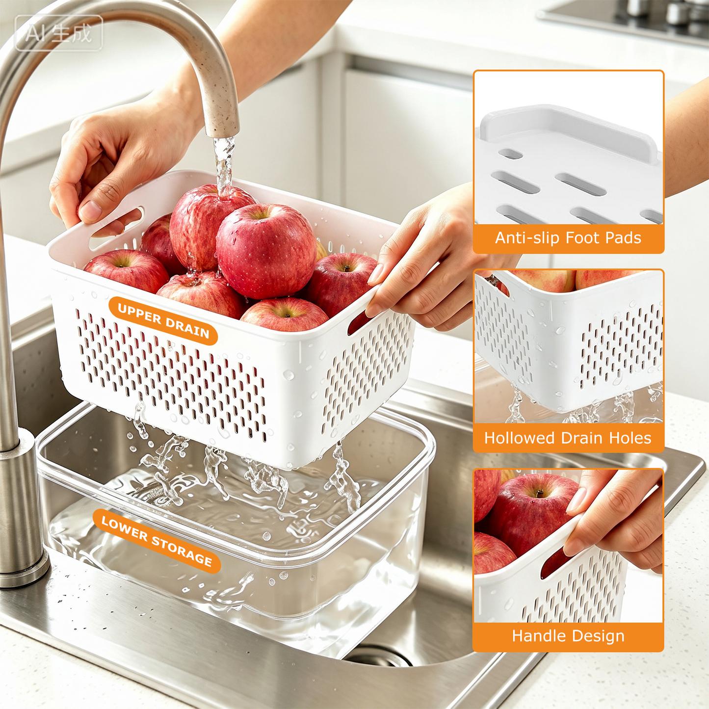 6 Pack Fruit Storage Containers for Fridge with Removable Colanders and Lids, 6 in 1 Leakproof Fridge Organizer Bins for Salad Berry Lettuce Vegetables Meat Keeper Fresh