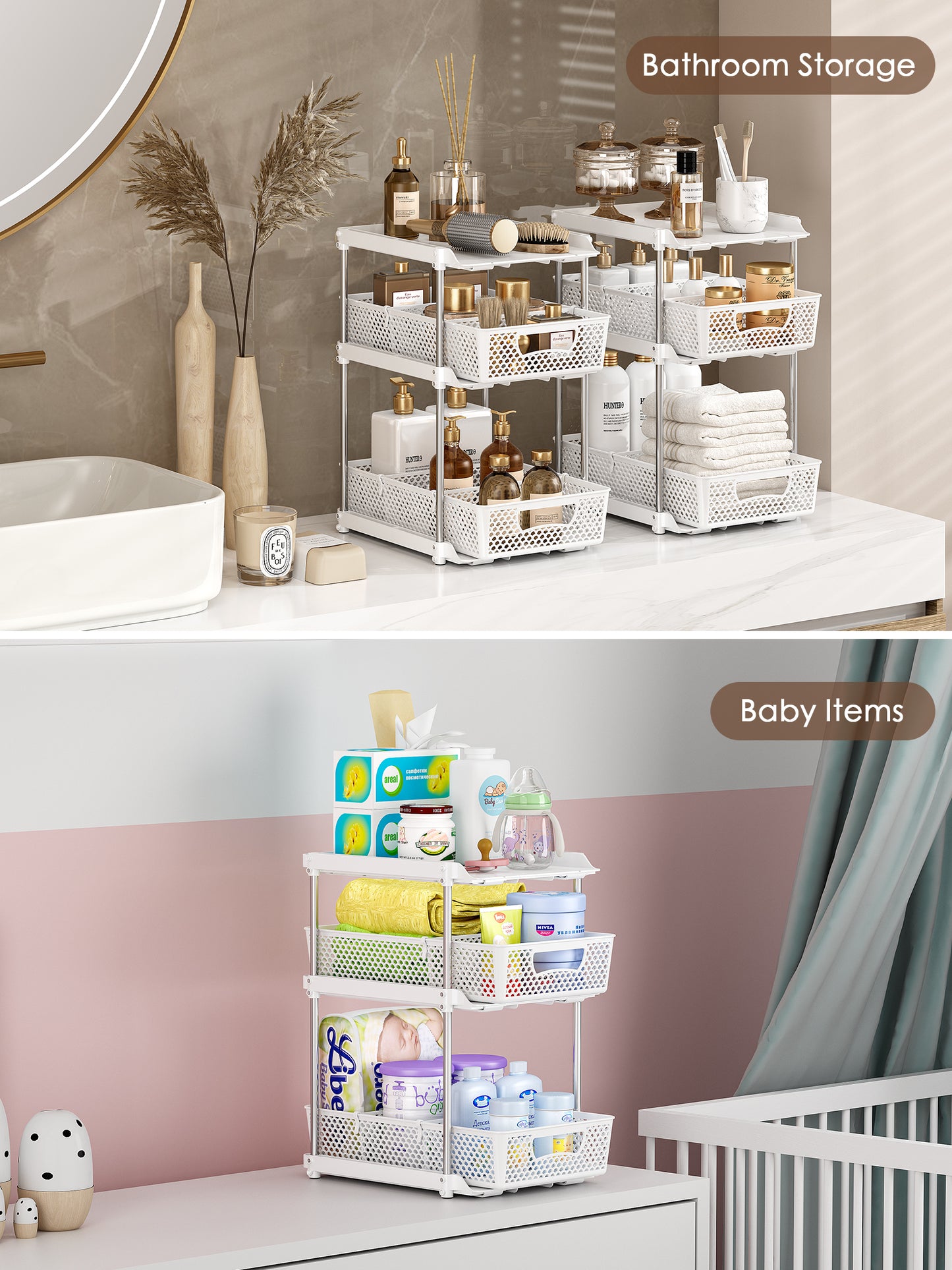 TAIMASI Pull-Out 3 Tier Bathroom Organizers and Storage, Under Sink Organizer, Kitchen Cabinet Organizer White, 1 (Count)