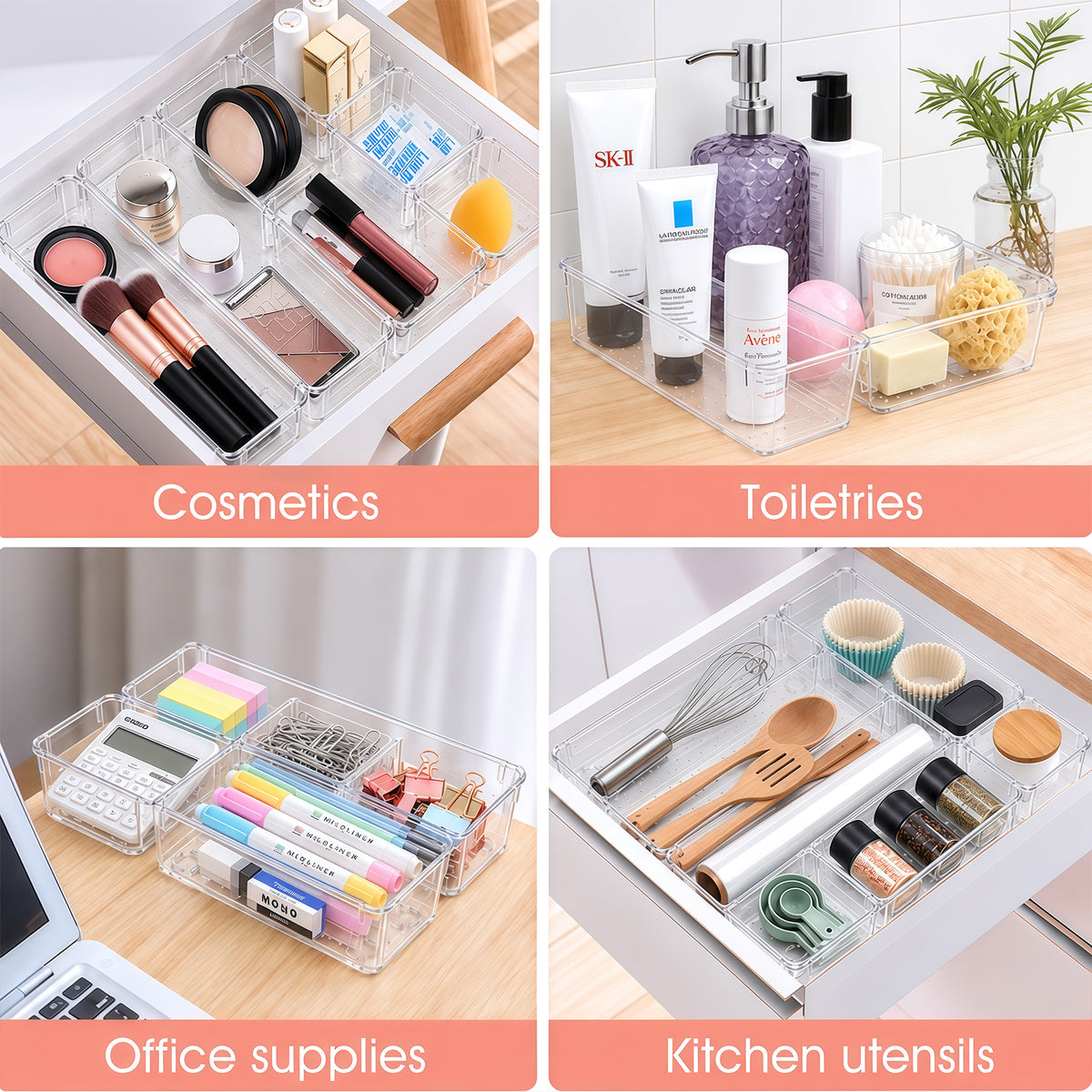 TAIMASI 38 Pcs Clear Plastic Drawer Organizer Set, 4 Sizes Desk Drawer Divider Organizers and Storage Bins for Makeup, Jewelry, Gadgets for Kitchen, Bedroom, Bathroom, Office