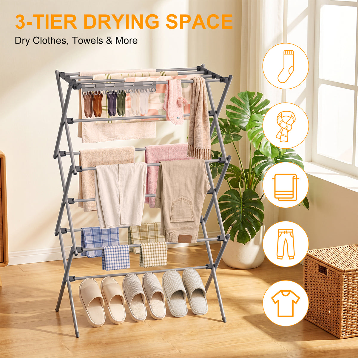 3-Tier Foldable Clothes Drying Rack, Portable Metal Drying Rack Clothing, Collapsible Laundry Drying Rack, Antirust Clothing Rack for Indoor Outdoor Air Drying, 13.4" D x 28.7" W x 45.7" H, Gray