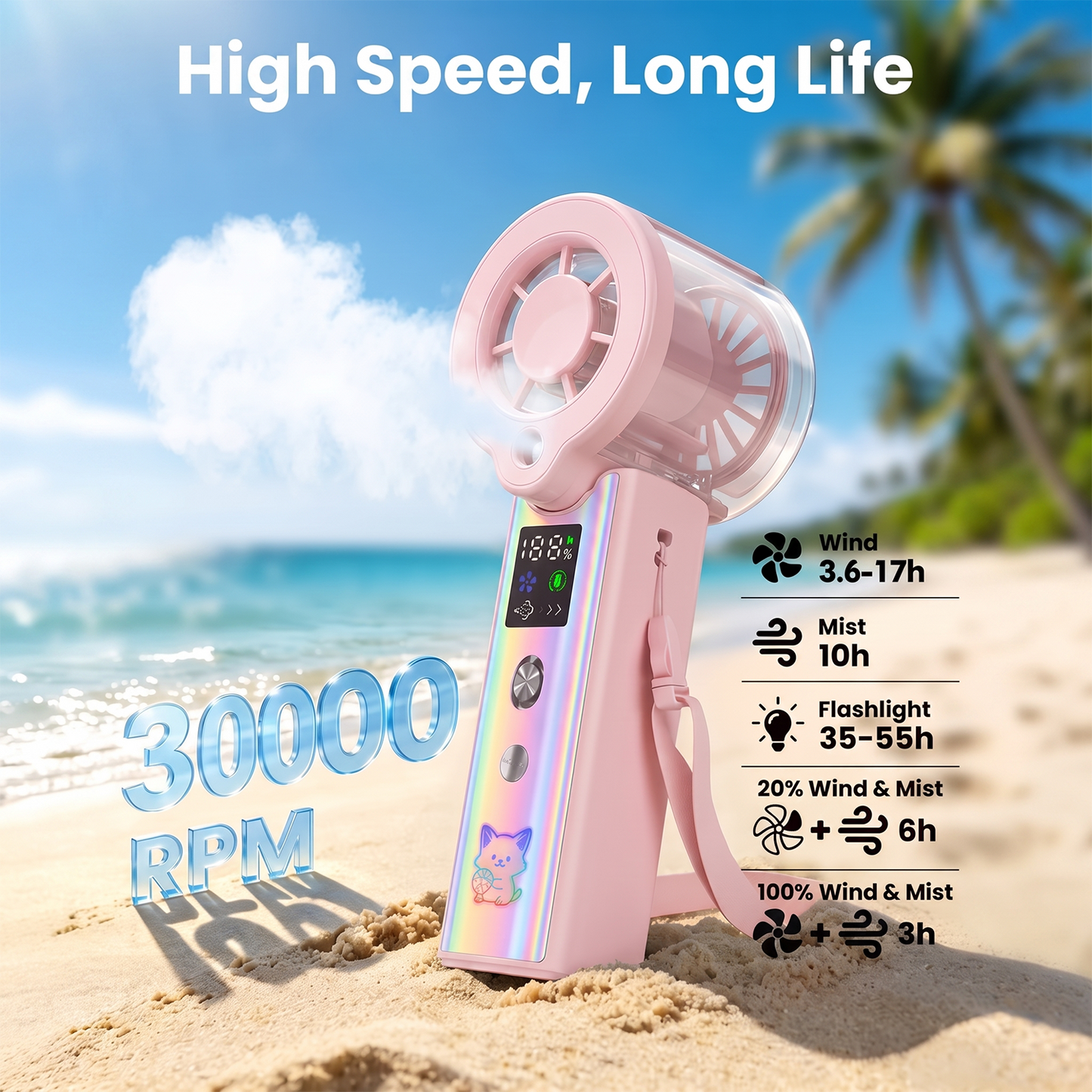 MIBOTE Upgraded Misting Fan Portable Fan with Digital Display, 30ml Water Tank, Multiple Speeds, Portable for Outdoor and Travel –Pink