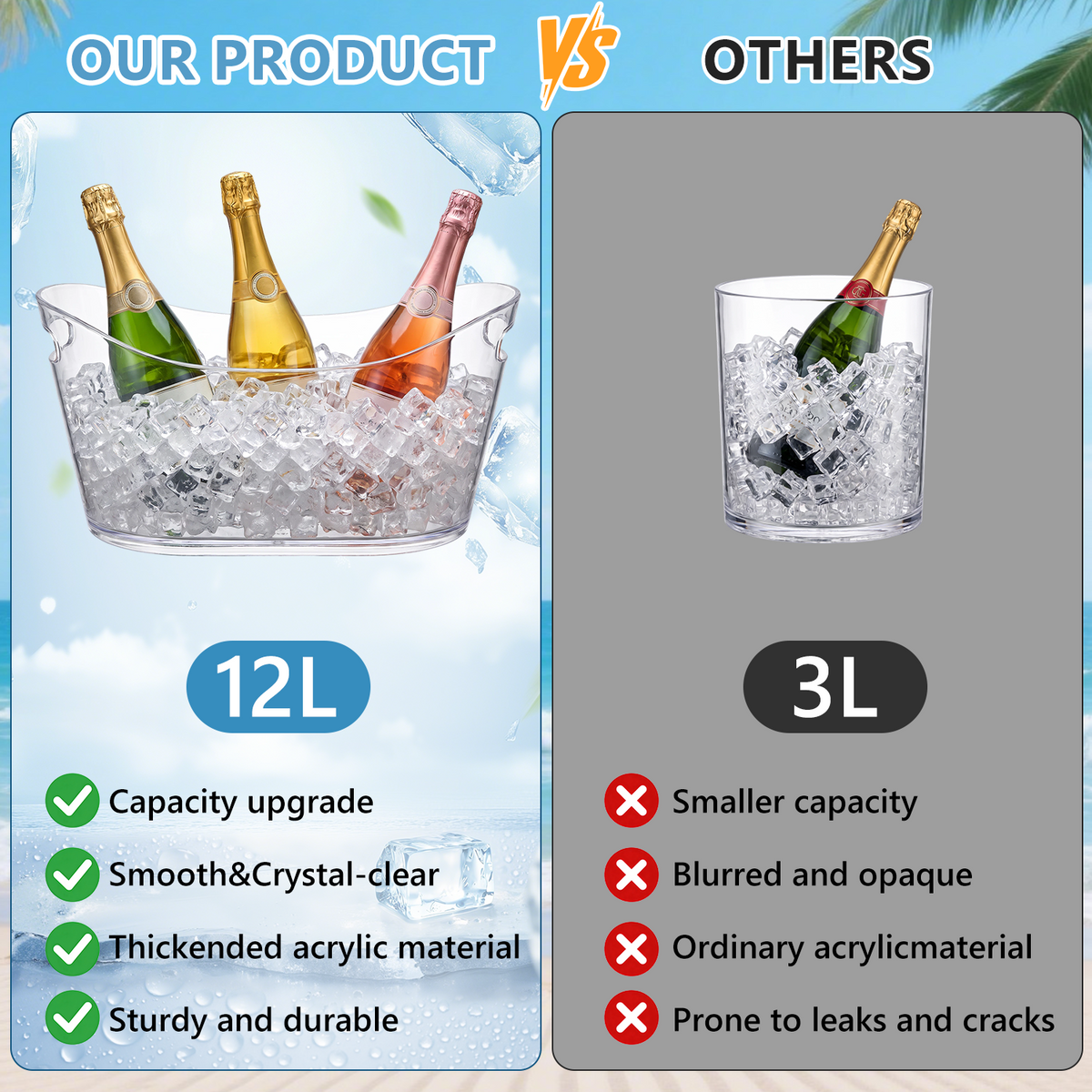 12L Plastic Ice Bucket for Parties with Scoop, TAIMASI 2 Packs BPA Free Large Capacity Drop-Resistant Beverage Tub for Wine, Beer, Juice, Portable Cooler for Outdoor Cocktail Mimosa & Soda Bar