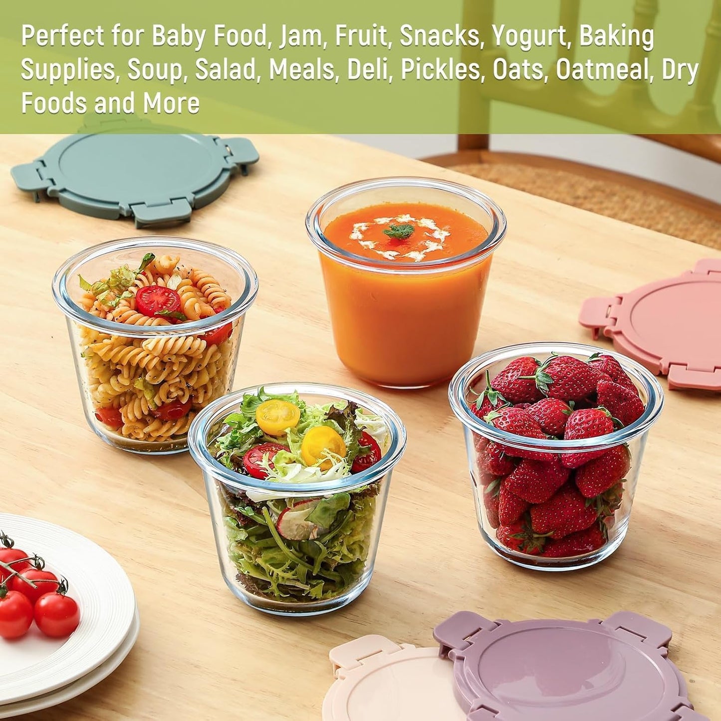 8 Pcs Glass Food Storage Containers with Airtight Lids, 3 Cup Round Lunch Box Jars for Soup Fruit Meal Prep - Microwave, Oven, Freezer Safe