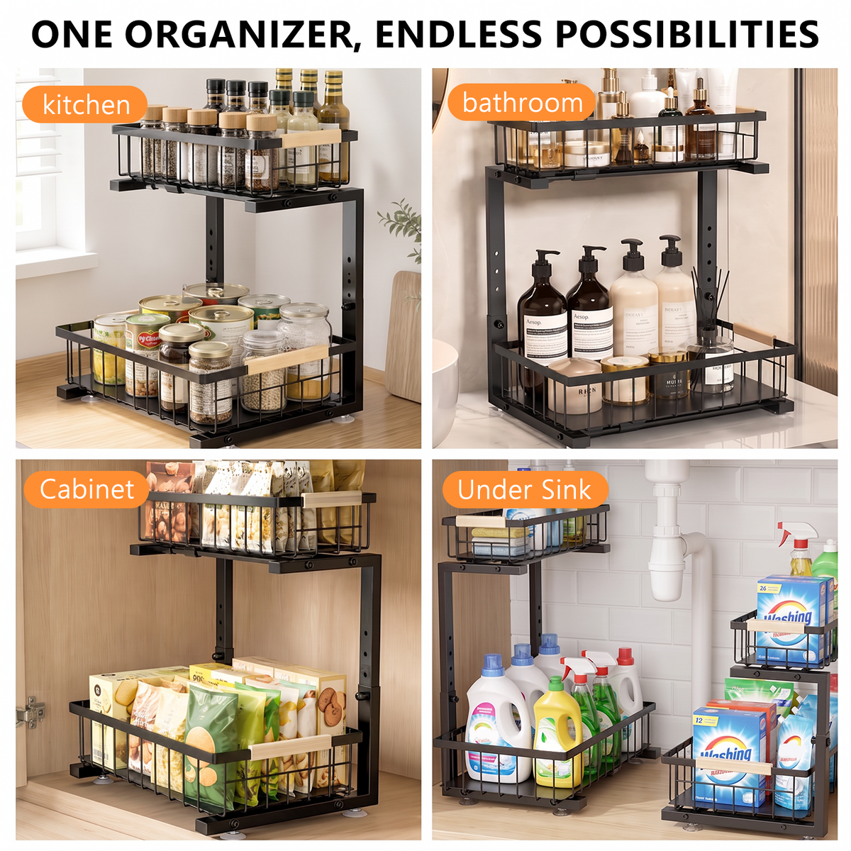 TAIMASI 2 Pack Under Sink Organizers and Storage, 2-Tier Pull Out Cabinet Organizer with Sliding Drawer, Adjustable Height Metal Bathroom Sink Organizer for Kitchen Pantry Closet, Black