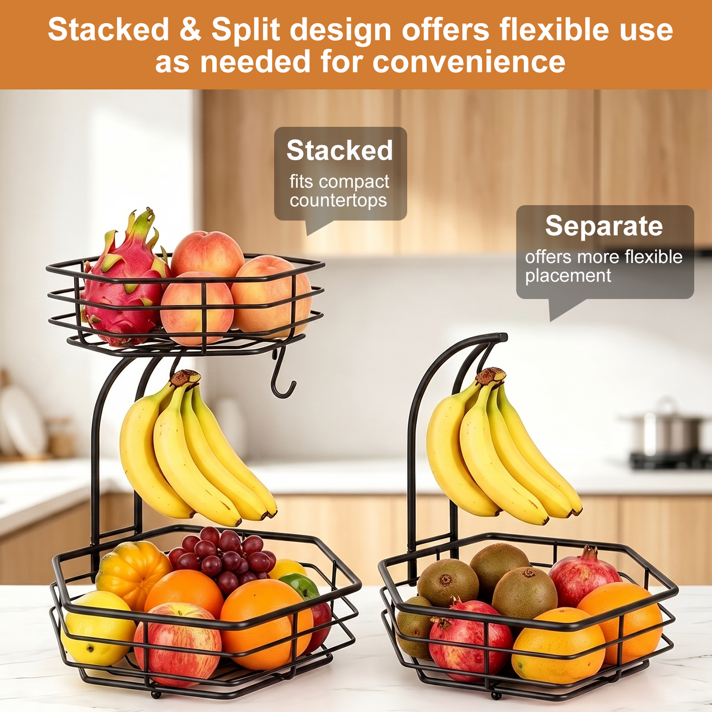 2 Tier Detachable Metal Fruit Basket for Kitchen Counter with 2 Banana Hangers, TAIMASI Stackable Hexagonal Metal Fruit Bowl for Bread Vegetable Fruits, Black