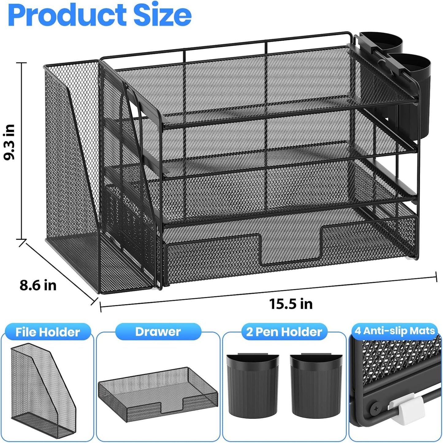 Desk Organizer and Accessories, 4-Tier Desktop File Organizer with Drawer and 2 Pen Holders, Office Desk Accessories & Workspace Organizers (Black)