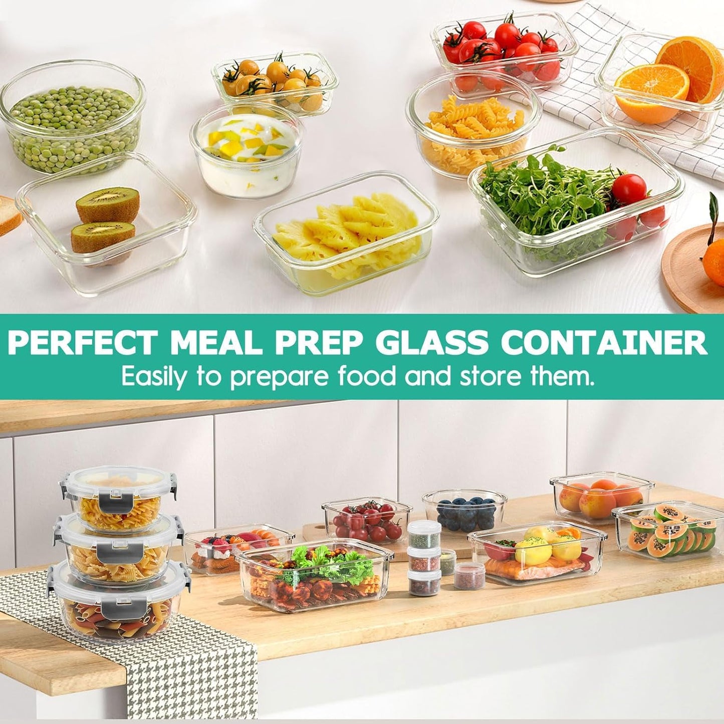 34pcs Glass Food Storage Containers with Lids Set, Airtight Meal Prep Containers (17 Containers & 17 Lids), Gray