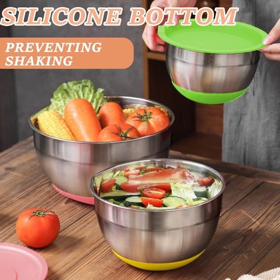 Mixing Bowls with Airtight Lids, AOKIWO 32Pcs Stainless Steel Nesting Non-Slip Bottoms Mixing Serving Bowls Set wtih 3 Grater & Tools Gadgets, 7/4/2.5/2/1.5/1QT Metal Salad Bowls for Serving Preppi