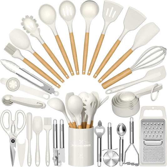 Kitchen Utensils Set- 34PCS Silicone Cooking Utensils with Holder, Heat Resistant Kitchen Utensil Spatula Set for Nonstick Cookware, Black Wooden Handles Kitchen Gadgets Tools Set-White