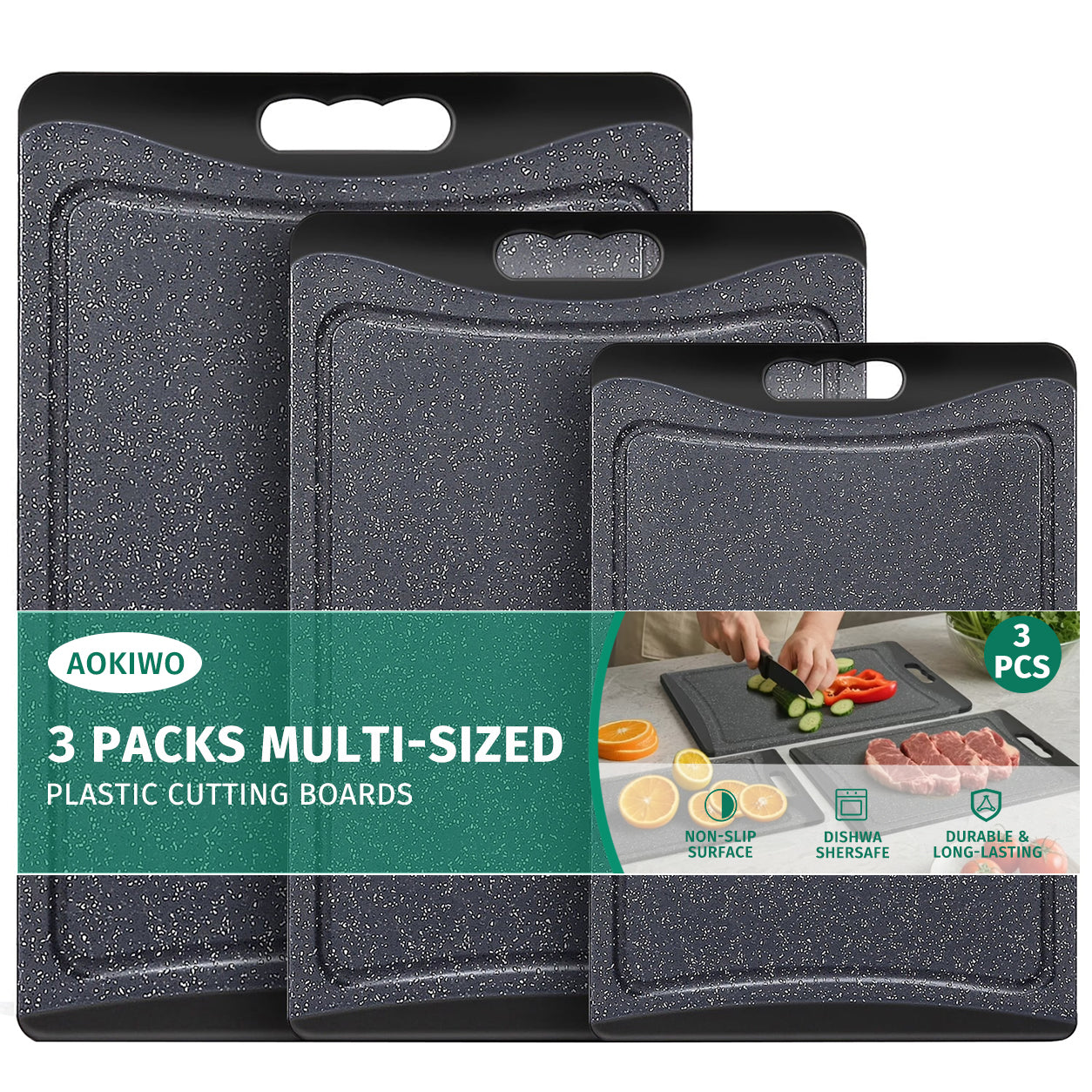 Extra Large Cutting Boards, AOKIWO Plastic Cutting Boards for Kitchen (Set of 3)Meat, Veggies Cutting Board Set Dishwasher Chopping Board with Juice Grooves Easy-Grip Handles, Dark Grey
