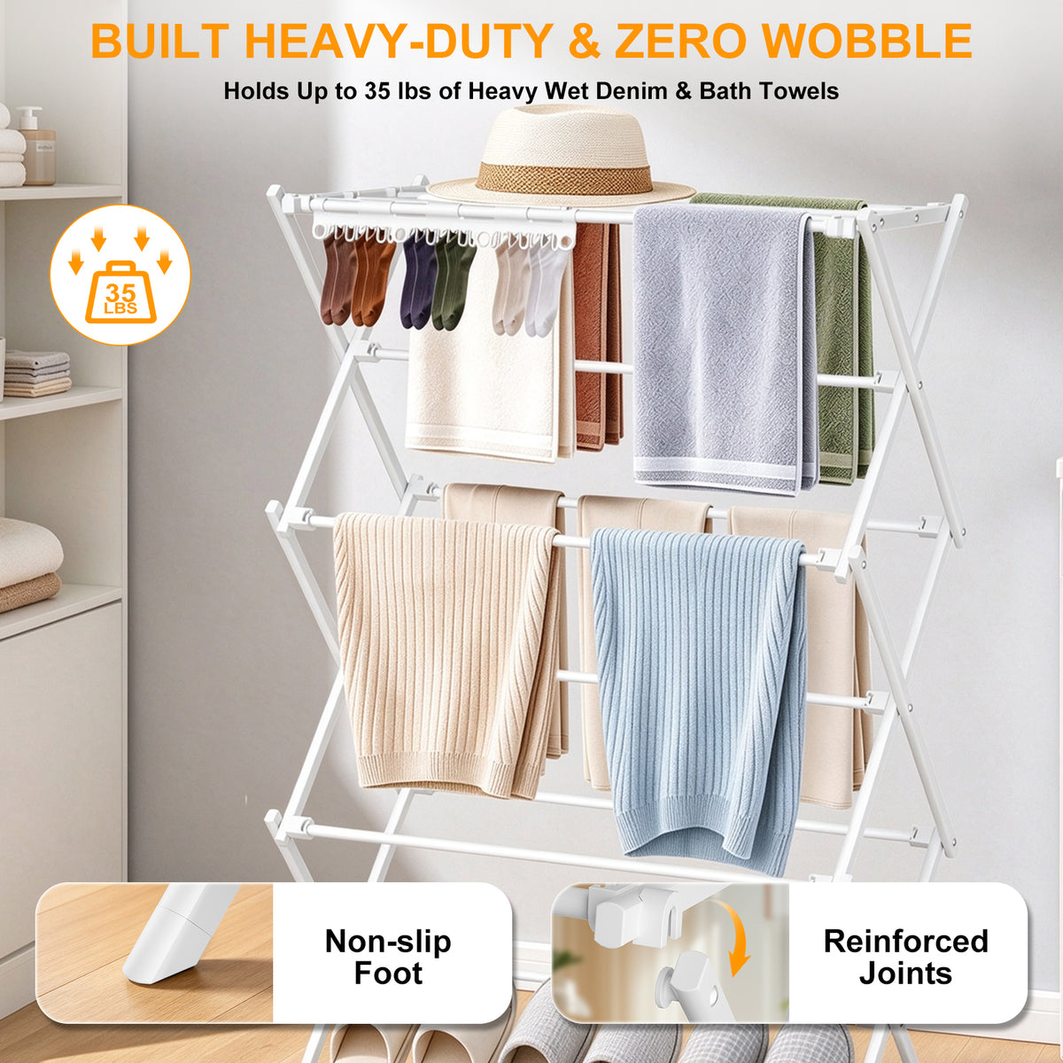 3-Tier Foldable Clothes Drying Rack, Portable Metal Drying Rack Clothing, Collapsible Laundry Drying Rack, Antirust Clothing Rack for Indoor Outdoor Air Drying, 13.4" D x 28.7" W x 45.7" H, White