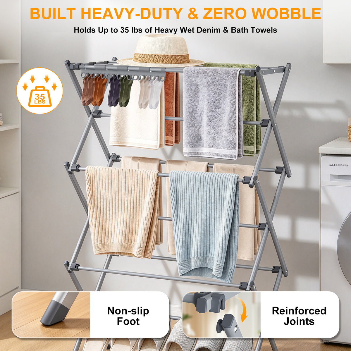 3-Tier Foldable Clothes Drying Rack, Portable Metal Drying Rack Clothing, Collapsible Laundry Drying Rack, Antirust Clothing Rack for Indoor Outdoor Air Drying, 13.4" D x 28.7" W x 45.7" H, Gray