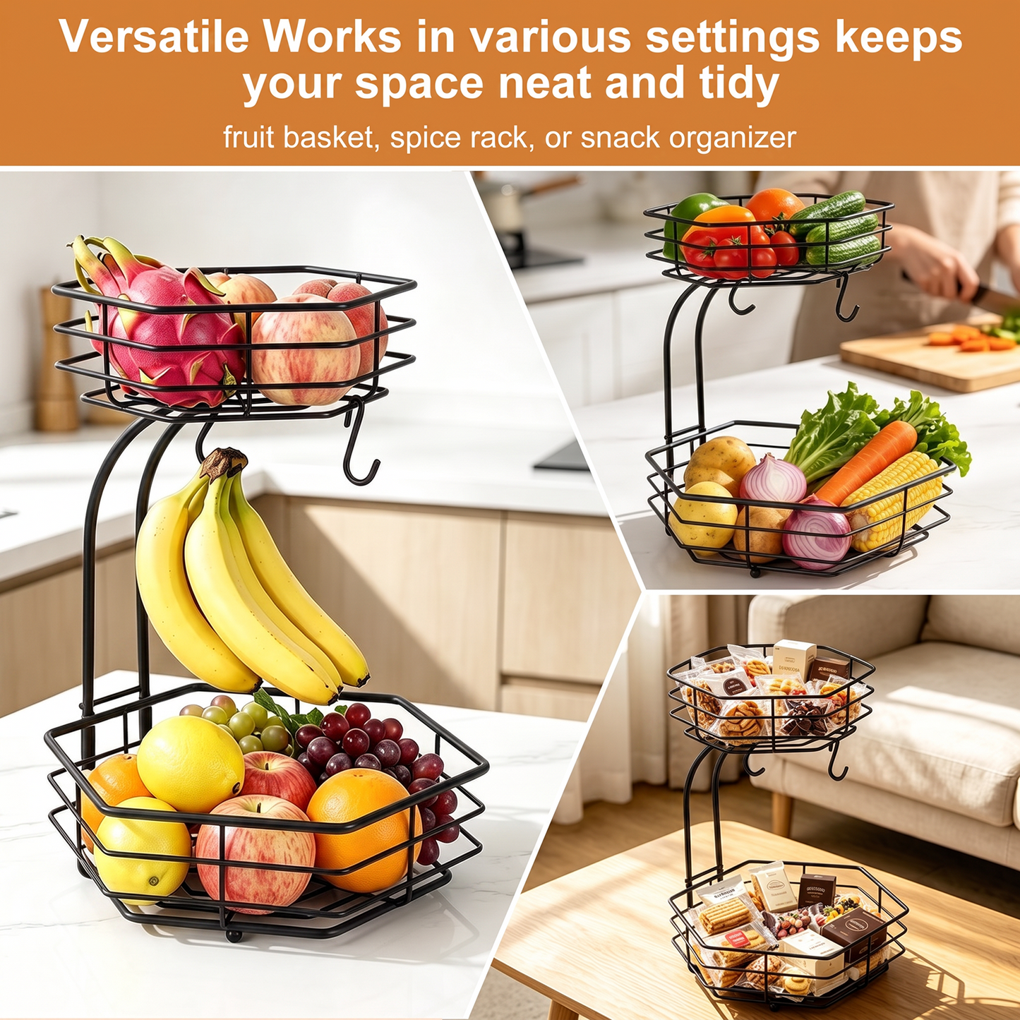2 Tier Detachable Metal Fruit Basket for Kitchen Counter with 2 Banana Hangers, TAIMASI Stackable Hexagonal Metal Fruit Bowl for Bread Vegetable Fruits, Black
