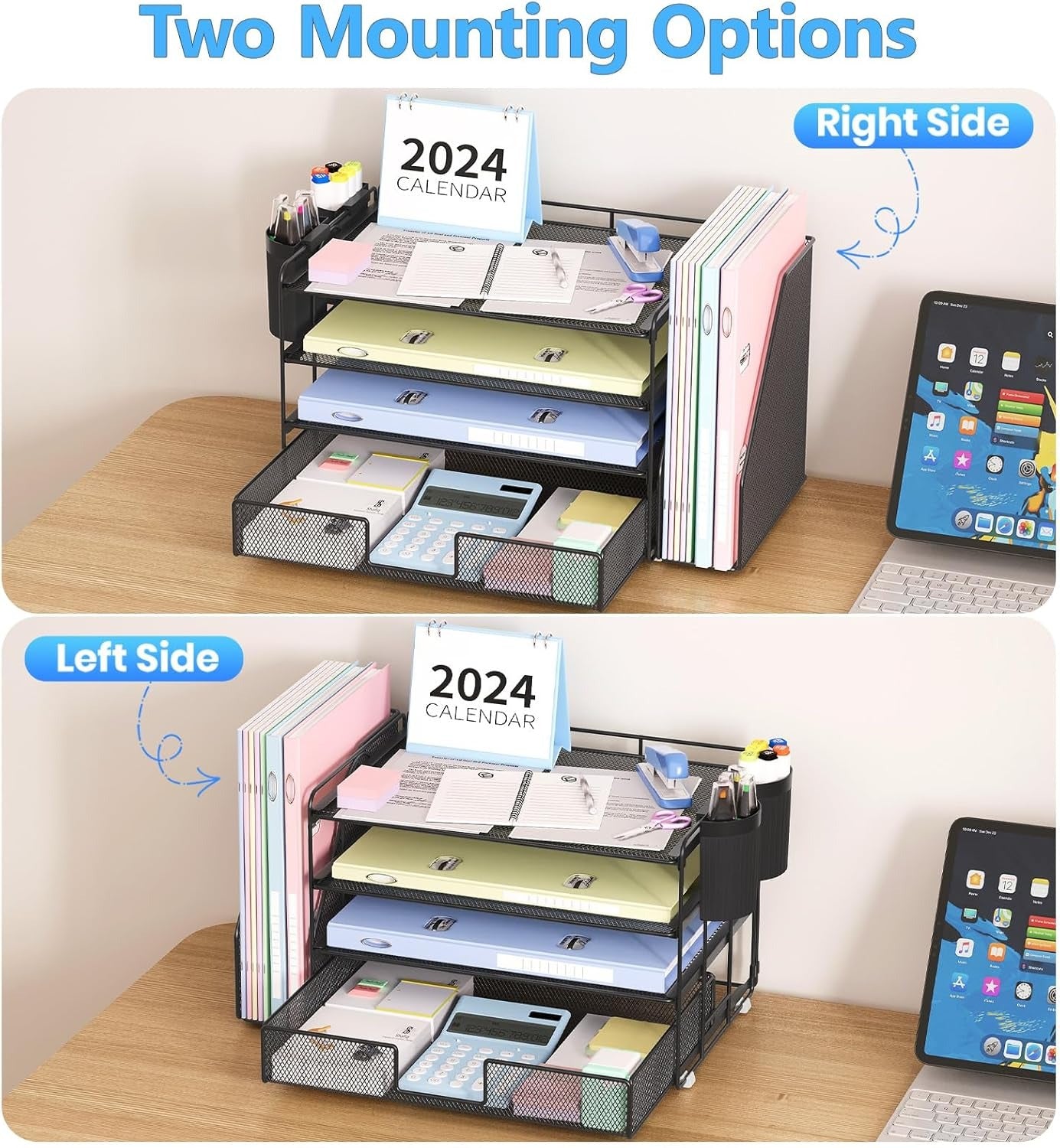 Desk Organizer and Accessories, 4-Tier Desktop File Organizer with Drawer and 2 Pen Holders, Office Desk Accessories & Workspace Organizers (Black)