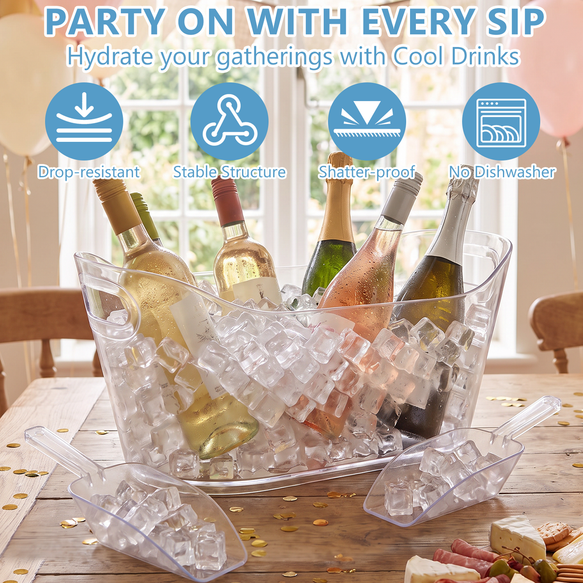 12L Plastic Ice Bucket for Parties with Scoop, TAIMASI 2 Packs BPA Free Large Capacity Drop-Resistant Beverage Tub for Wine, Beer, Juice, Portable Cooler for Outdoor Cocktail Mimosa & Soda Bar