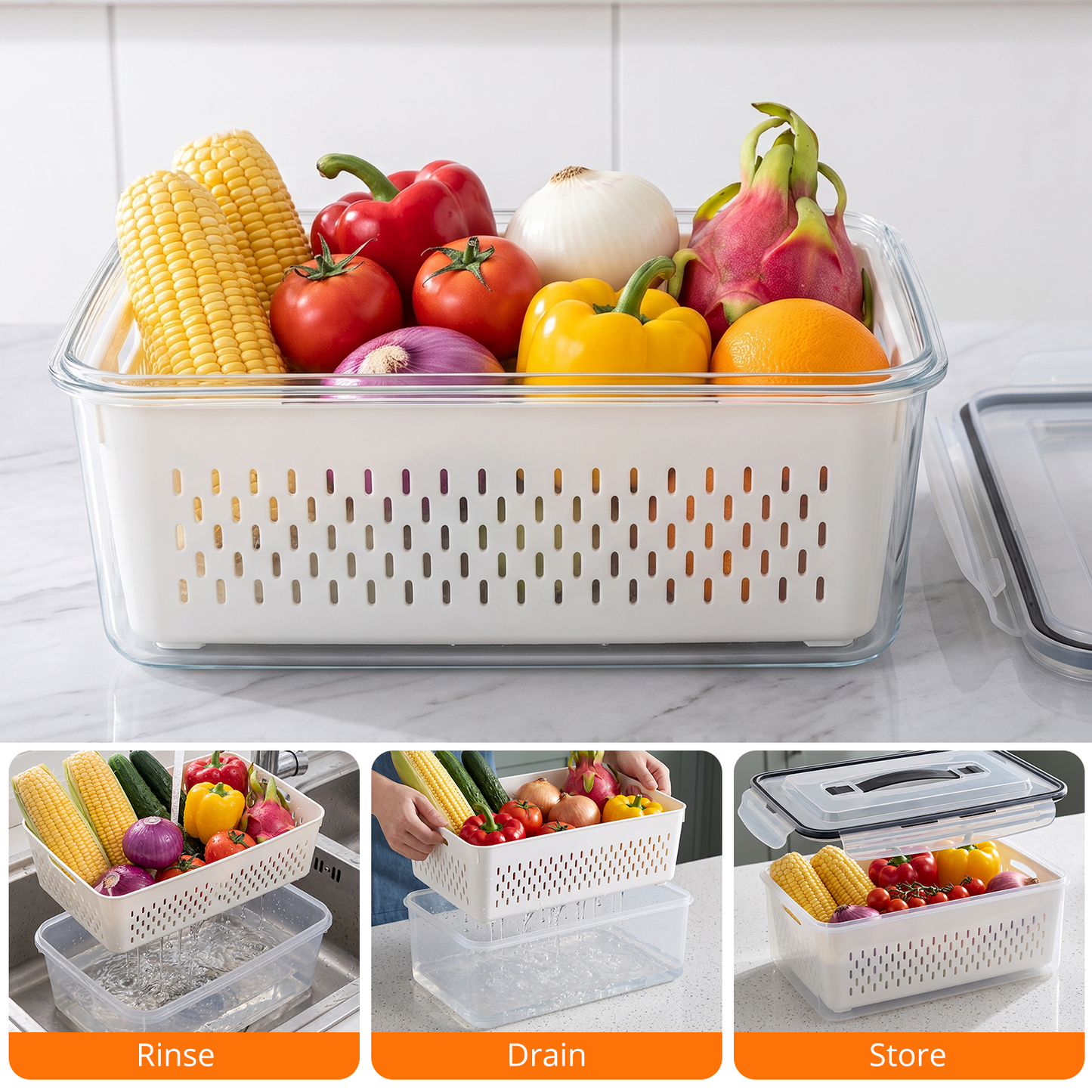 10 Pack Fruit Storage Containers for Fridge with Removable Colander & Handle Lid, Refrigerator Organizers and Storage, 10-in-1 Leakproof Organizer for Salad, Berries, Vegetables & Meat.