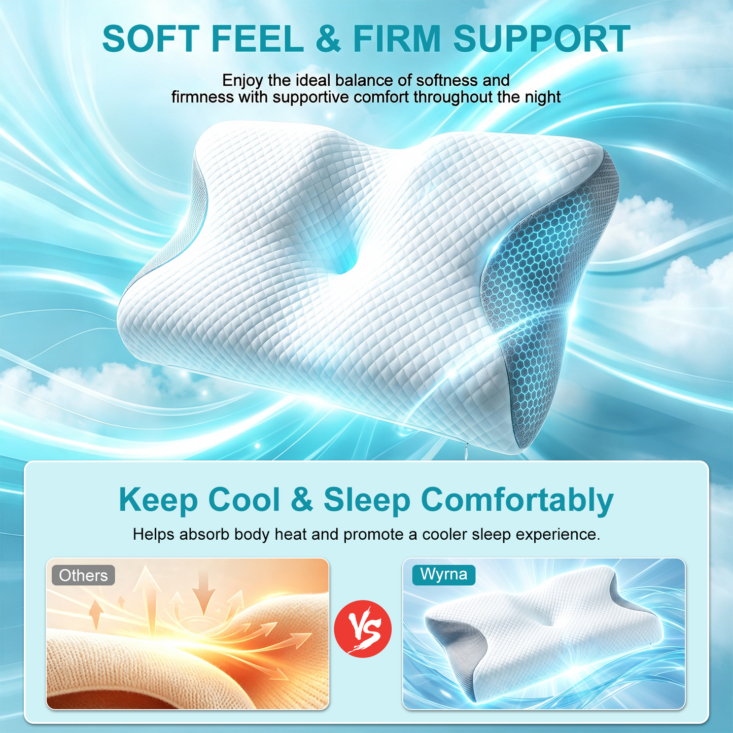 Wyrna Cervical Neck Pillow for Neck Support, Neck Pillow for Pain Relief, 2-Height Memory Foam Pillow, Ergonomic Pillow for Comfortable Side and Back Sleeping, Breathable and Easy to Clean
