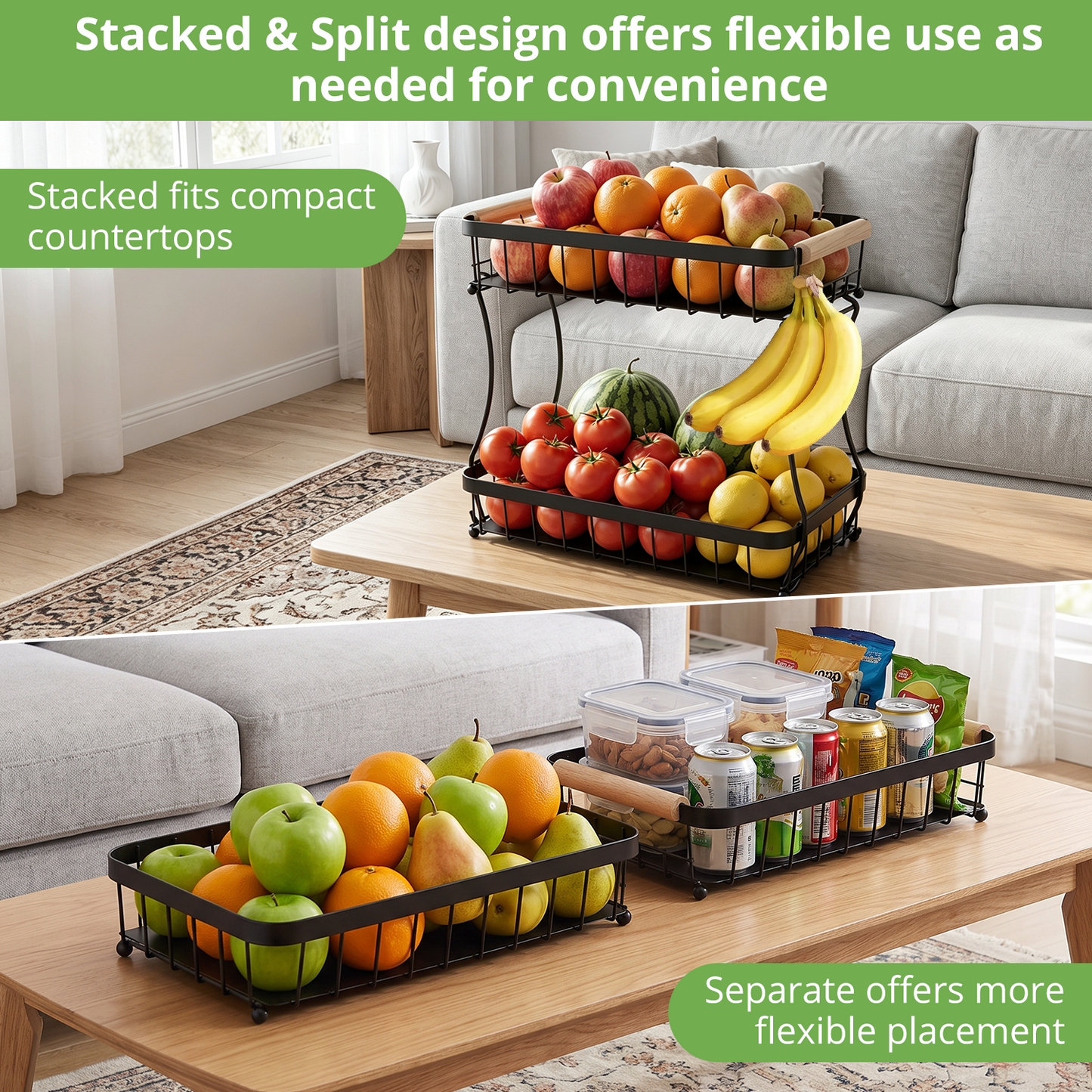 2 Tier Large Fruit Basket for Kitchen Counter with 2 Mobile Banana Hangers, TAIMASI Detachable Metal Fruit Bowl with Wooden Handle, Fruit Holder for Bread Snack Veggies with Protective Mats