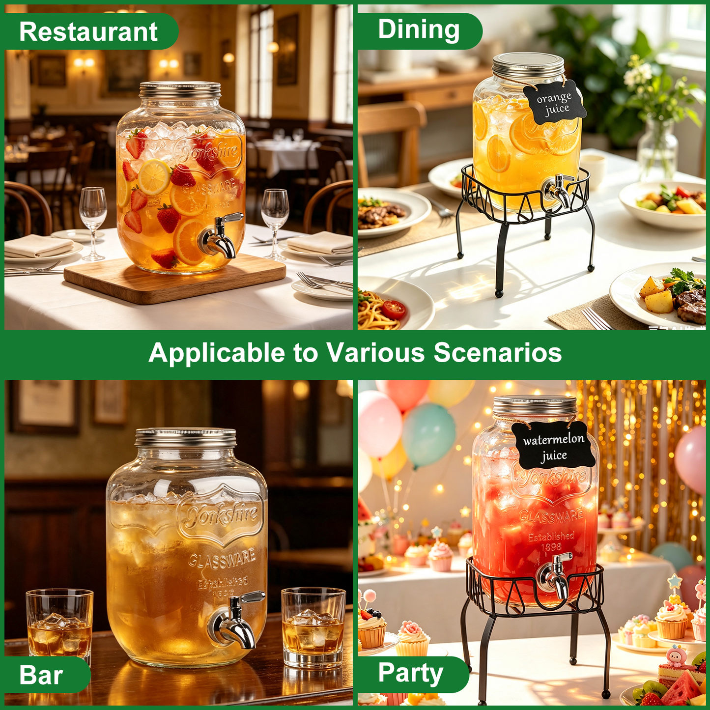 1 Gallon Glass Drink Dispensers for Parties, TAIMASI Beverage Dispenser with Stand & Ice Cylinder, Leakproof Lemonade Drink Dispenser for Sun Tea, Homemade Juice