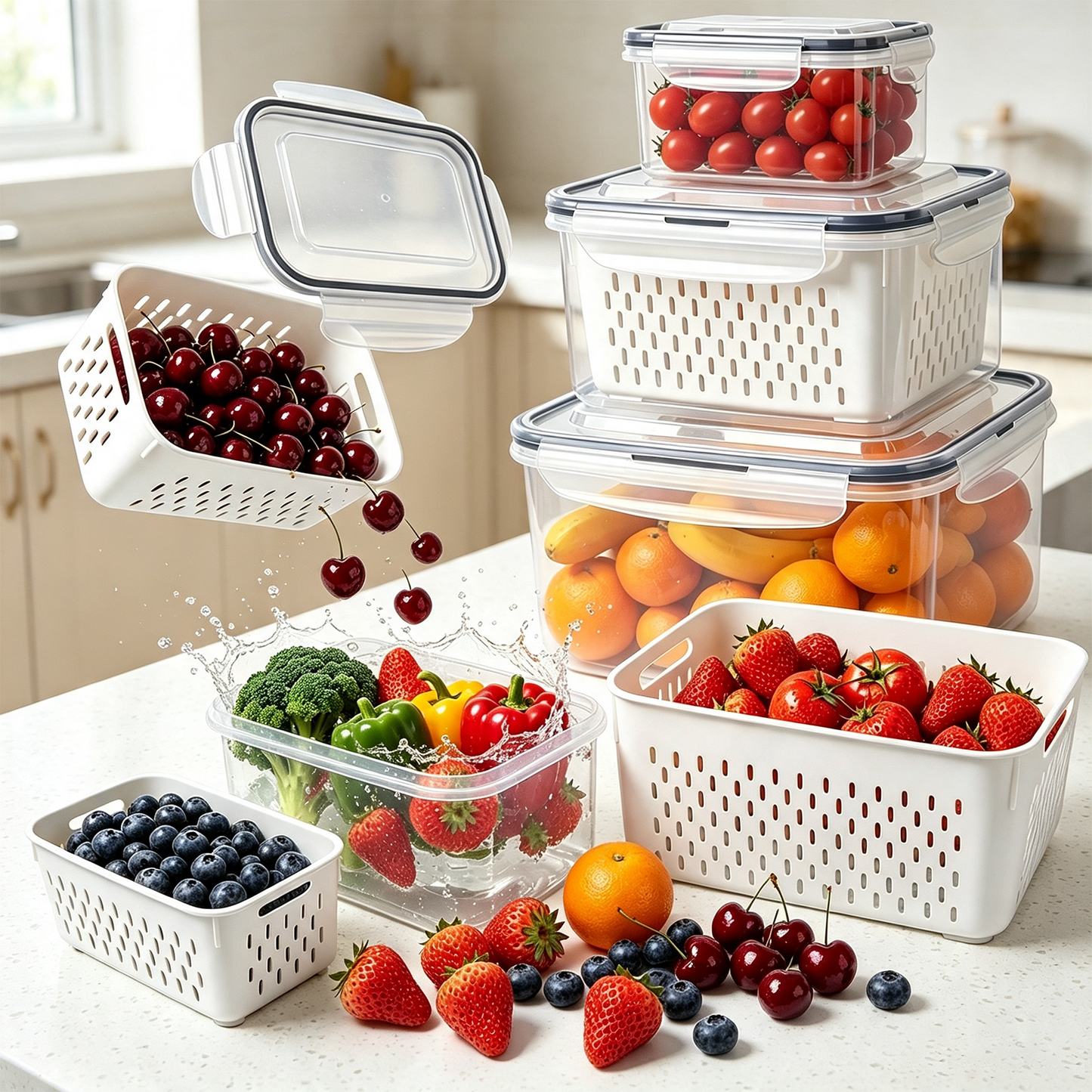 4 Pack Fruit Storage Containers for Fridge with Removable Colanders and Lids, 4 in 1 Leakproof Fridge Organizer Bins for Salad Berry Lettuce Vegetables Meat Keeper Fresh