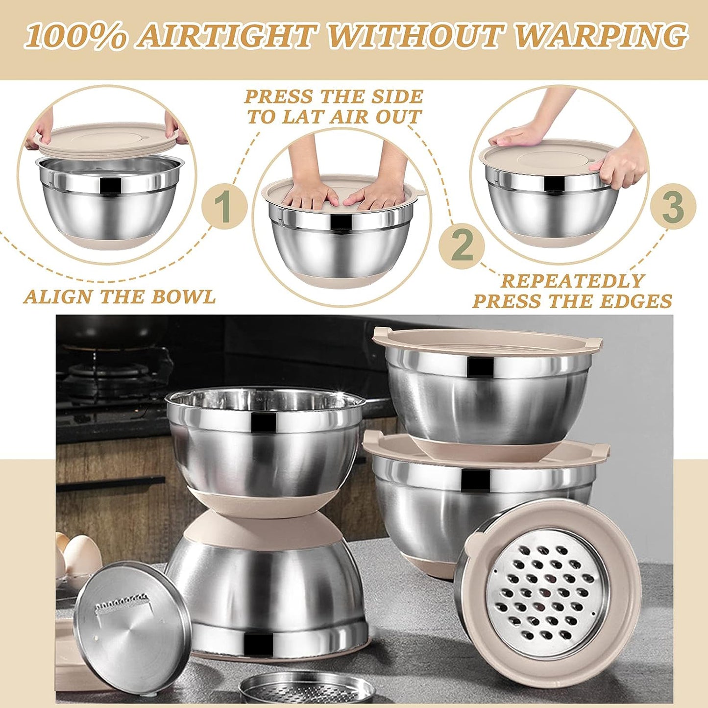 Mixing Bowls with Airtight Lids, AOKIWO 32Pcs Stainless Steel Nesting Non-Slip Bottoms Mixing Serving Bowls Set wtih 3 Grater & Tools Gadgets, 7/4/2.5/2/1.5/1QT Metal Salad Bowls for Serving Preppi