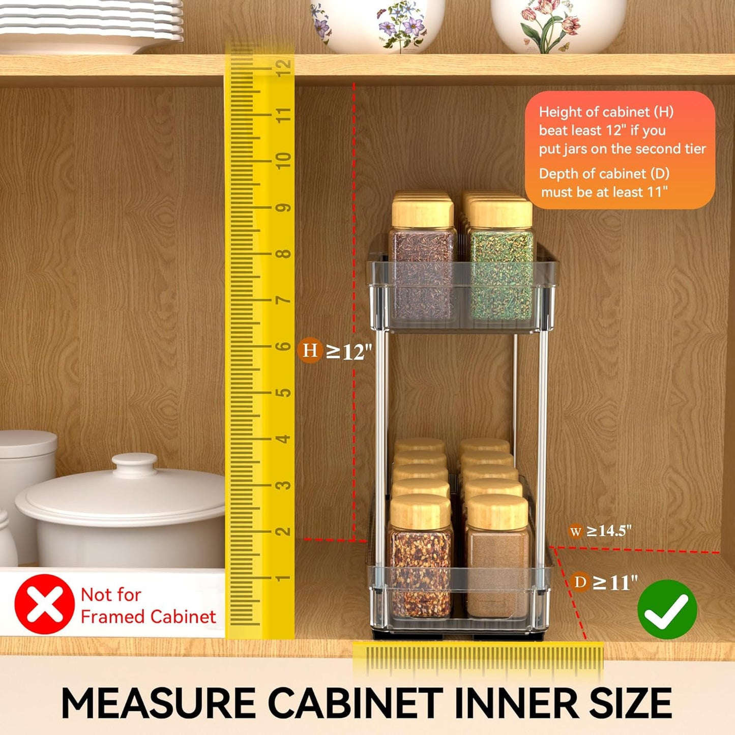 3 Pack Pull Out Spice Rack Organizer for Cabinet, 2 Tier Slide Out Spice Racks Organizer, Spice Cabinet Organizers, Cabinet Size Need:12'' High x 11'' Deep x 5'' Wide, Clear Acrylic