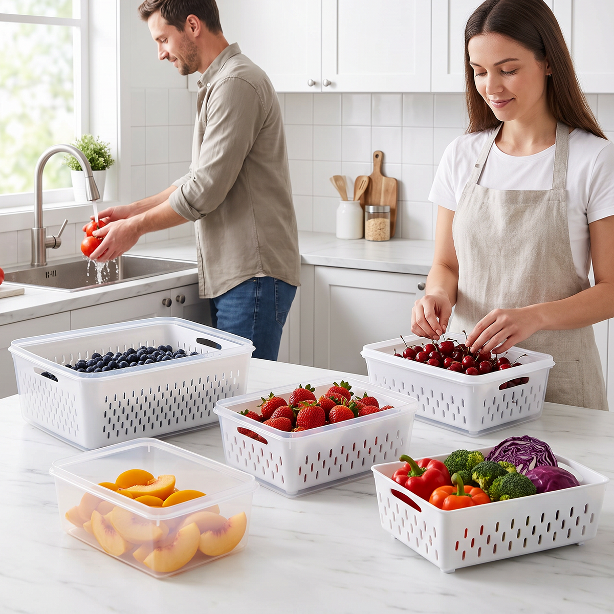 Wynra 4 Pack Fruit Storage Container for Fridge with Airtight Lids & Removable Colander, BPA-Free Plastic Fridge Organizer Bins Produce Saver for Salad Berry Vegetables Meat Keeper Fresh