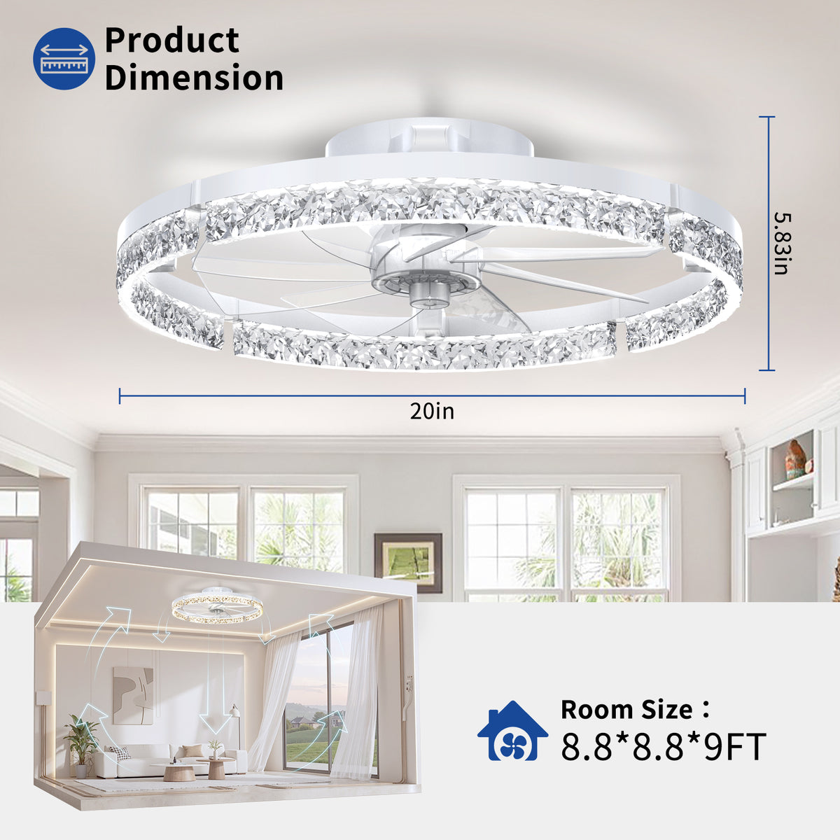 Ceiling Fans with Lights and Remote, 20'' Low Profile Ceiling Fans, 3000-6000K Dimmable Modern Flush Mount LED Fan Light