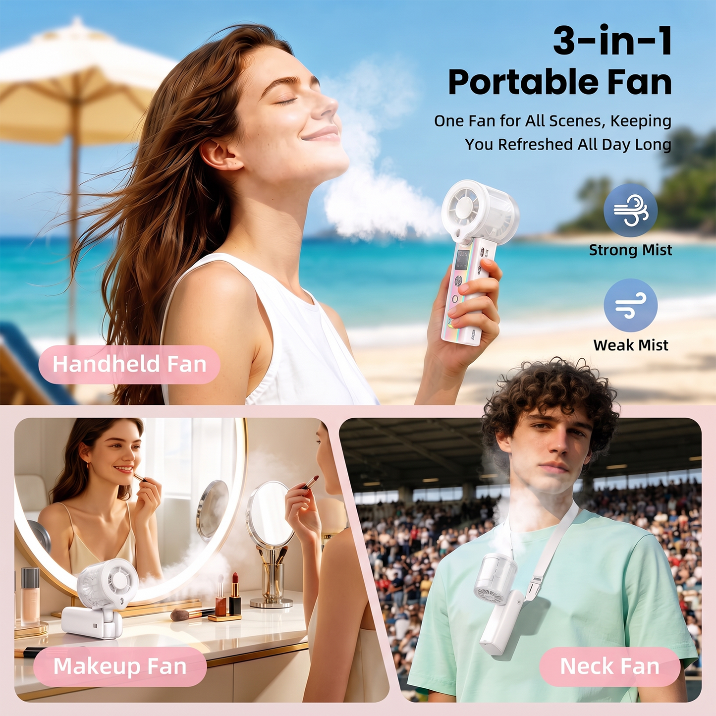 MIBOTE Upgraded Misting Fan Portable Fan with Digital Display, 30ml Water Tank, Multiple Speeds, Portable for Outdoor and Travel –White