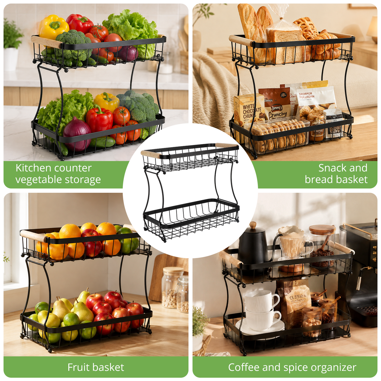 2 Tier Large Fruit Basket for Kitchen Counter with 2 Mobile Banana Hangers, TAIMASI Detachable Metal Fruit Bowl with Wooden Handle, Fruit Holder for Bread Snack Veggies with Protective Mats